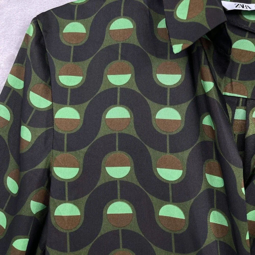 Zara Retro Printed Twill Wrap Shirt Midi Dress Disco Long Sleeve - Picture 3 of 15